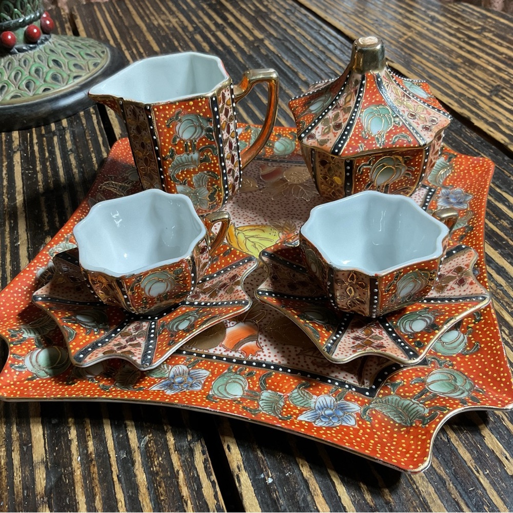 Japanese Weekend Orange & Gold Floral Porcelain Tea Set